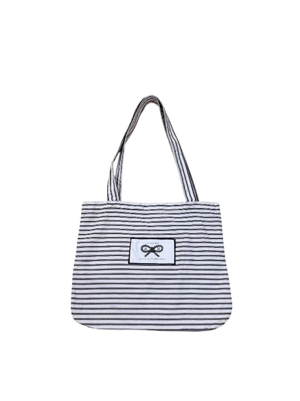 Anya Hindmarch London Ivory Black Striped Cotton Tote Bag Logo Patch
